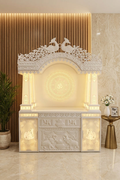 Traditional Pillar Carved Corian Mandir — Hand-Chiselled — Luxury Home Interior — Satguru Creations