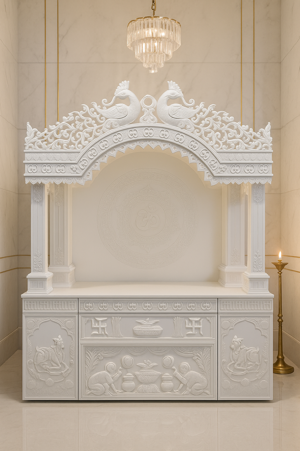 Traditional Pillar Carved Corian Mandir — Hand-Chiselled — Luxury Indian Home Interior — Satguru Creations