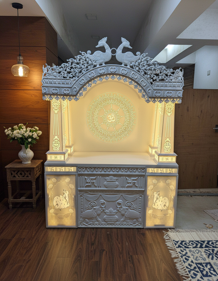 Traditional Pillar Carved Corian Mandir — Hand-Chiselled — Luxury Indian Home Interior — Satguru Creations