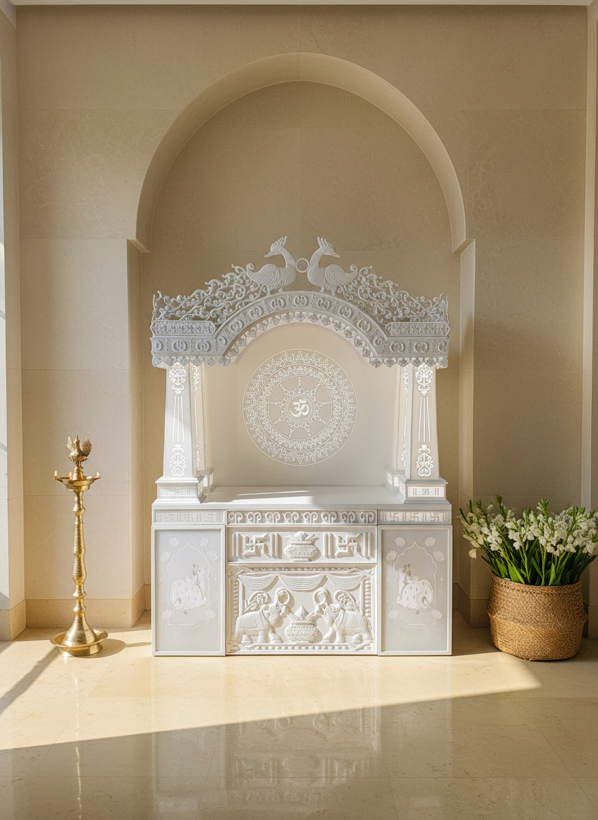 Traditional Pillar Carved Corian Mandir — Hand-Chiselled — Luxury Indian Home Interior — Satguru Creations
