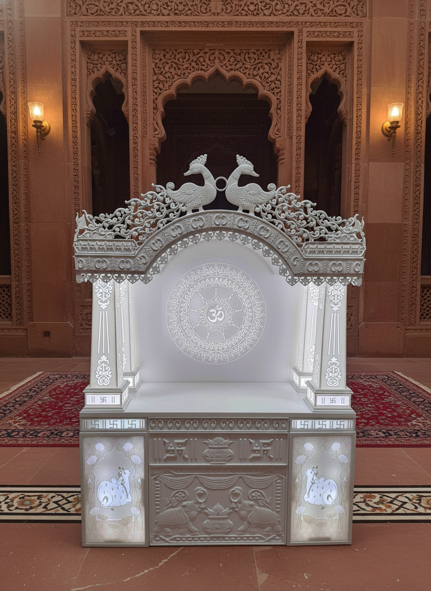 Traditional Pillar Carved Corian Mandir — Hand-Chiselled — Luxury Indian Home Interior — Satguru Creations