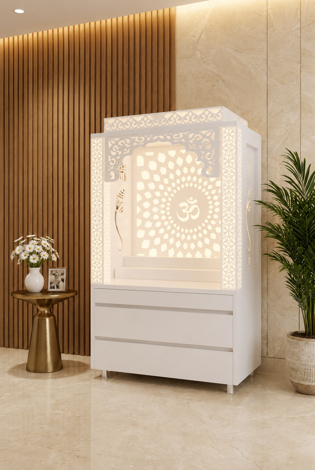 White Corian Om sunburst mandir with carved side panels and apartment storage