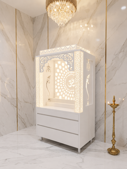 White Corian Om mandir in marble interior with illuminated side motifs and two drawers