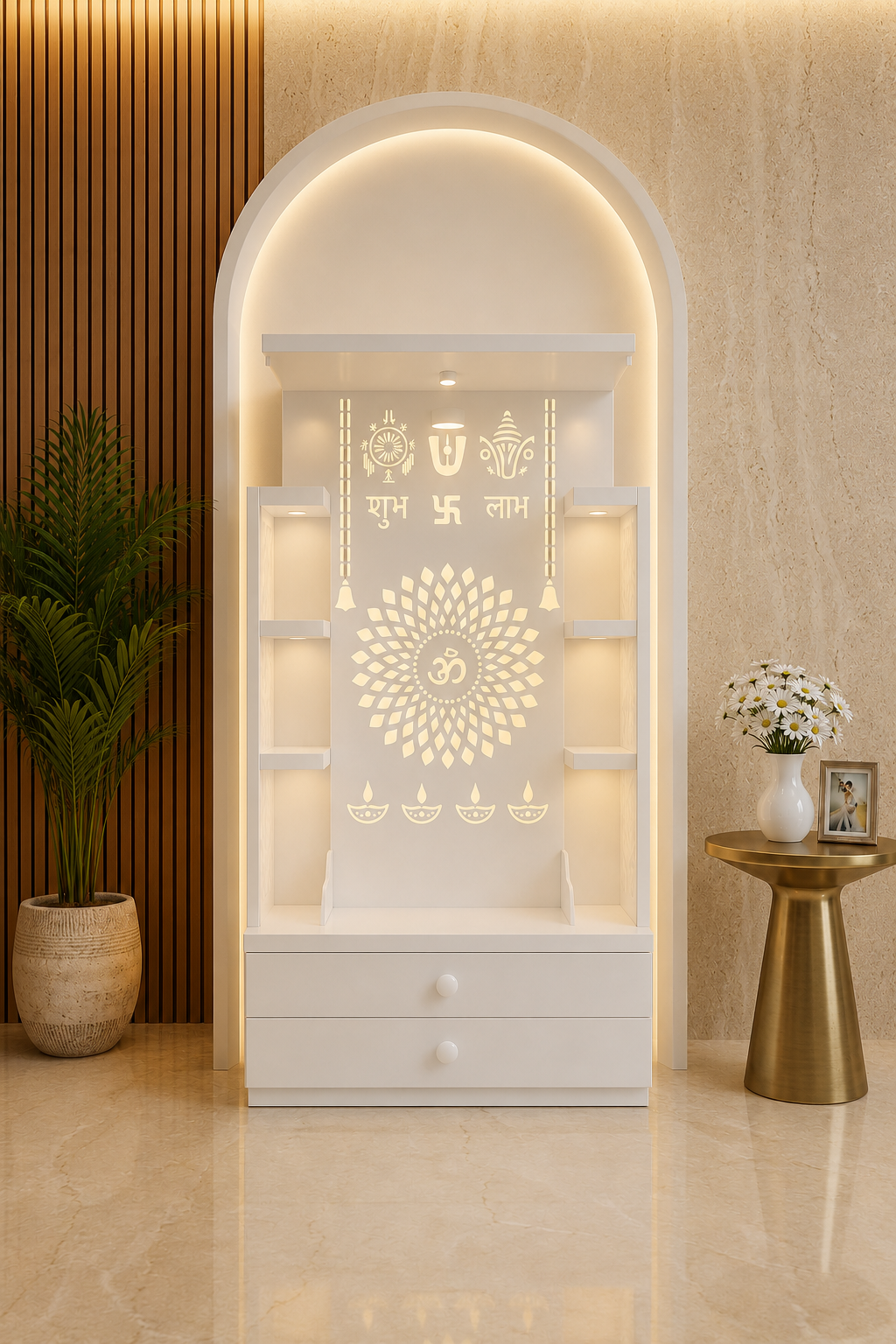 Open white Corian mandir with illuminated Om panel, side shelves and two storage drawers
