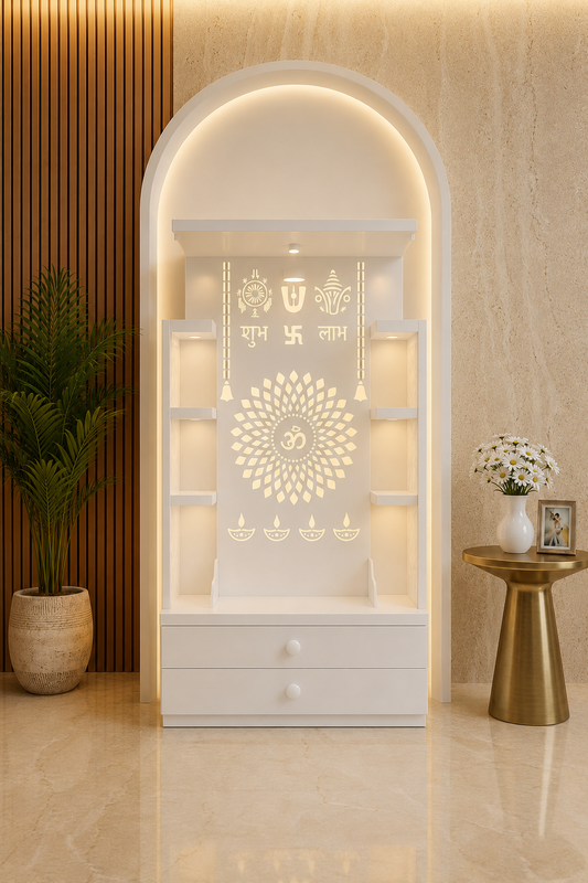 Open white Corian mandir with illuminated Om panel, side shelves and two storage drawers