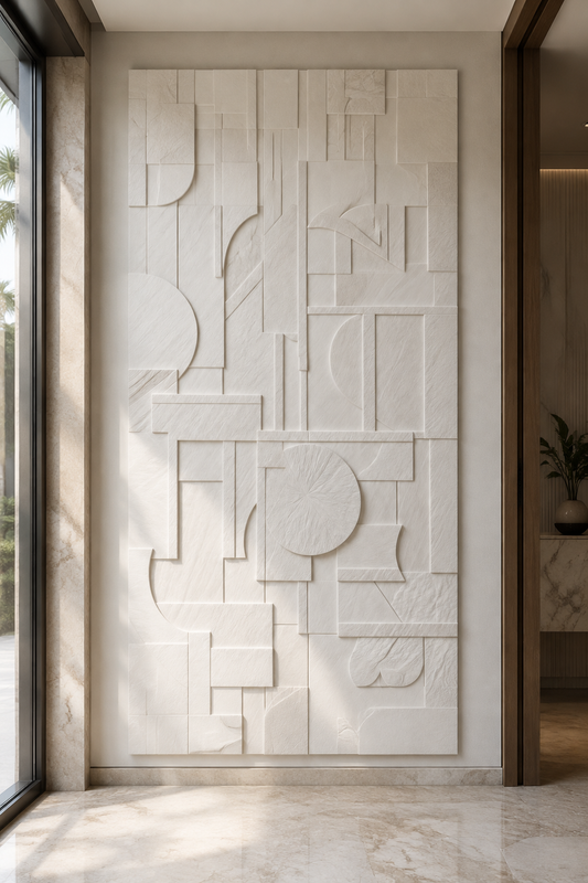 Architectural Form Grid satin white Corian wall panel, front view in a refined Marine Drive entrance foyer