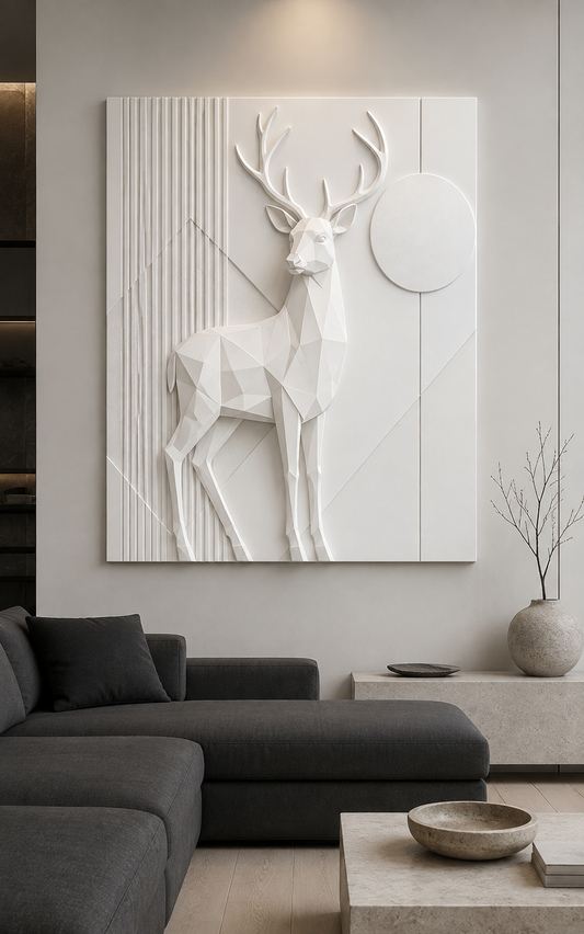 Faceted Stag Geometry satin white Corian wall panel, front view in a charcoal BKC living room