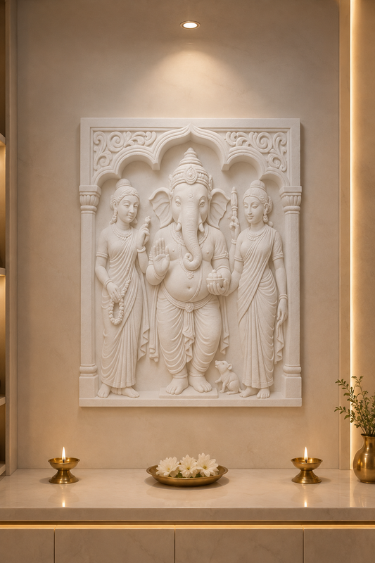Ganesha Family Shrine satin white Corian wall panel, front view in a serene Walkeshwar home-mandir alcove