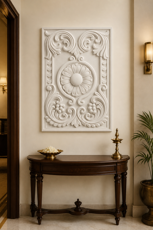 Heritage Rosette Scroll white Corian wall panel front view in classic Malabar Hill foyer
