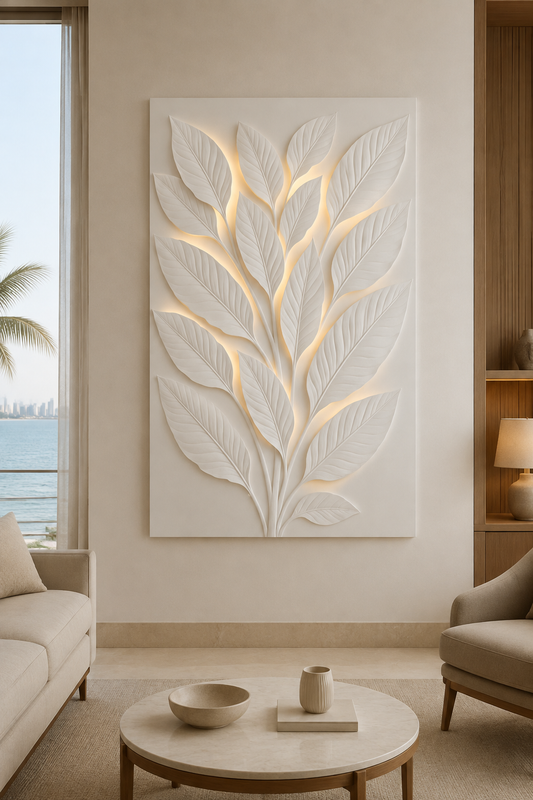 Illuminated Leaf Canopy satin white Corian wall panel, front view in a refined luxury Mumbai sea-view living room