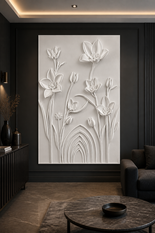 Lotus Arch Garden white Corian wall panel front view in charcoal Marine Drive lounge