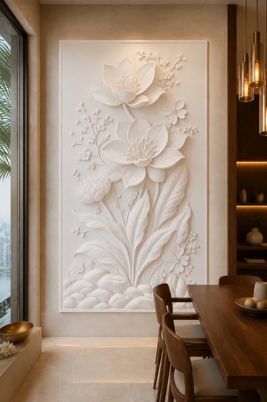 Lotus Garden satin white Corian wall panel, front view in a luxury Mumbai dining room
