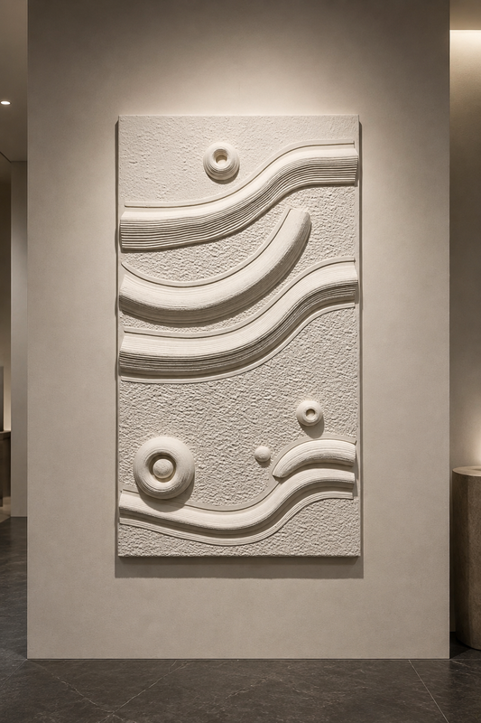 Orbit Tide Relief satin white Corian wall panel, front view in a minimalist South Mumbai gallery