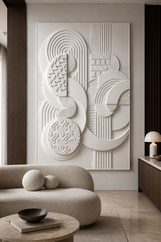 Orbital Form Composition satin white Corian wall panel, front view in art-led Worli living room