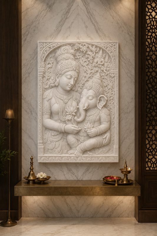 Parvati Ganesha Grace satin white Corian wall panel, front view in a warm Malabar Hill pooja alcove