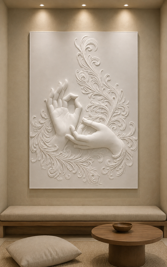 Sacred Mudra Flourish satin white Corian wall panel, front view in a quiet Bandra reading niche