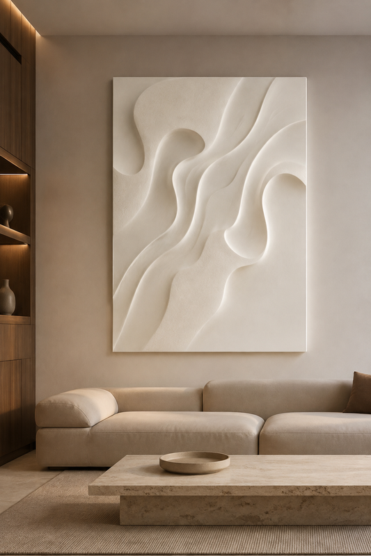 Sculpted Silk Canyon satin white Corian wall panel, front view in a serene contemporary luxury Mumbai media lounge