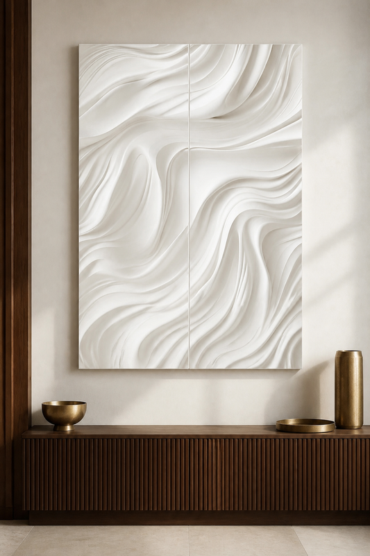 Twin Current white Corian wall panel front view in refined Worli console wall