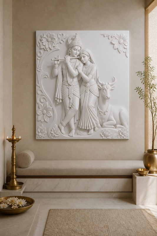 Vrindavan Grace white Corian wall panel front view in serene Malabar Hill home mandir