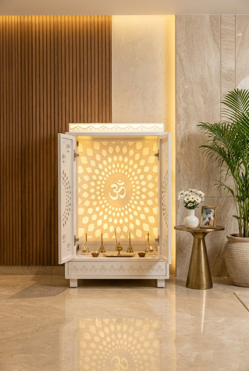 Corian Pooja Mandir with Door — Compact Home Temple — Luxury Home Interior — Satguru Creations