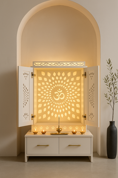 Corian Pooja Mandir with Door — Compact Home Temple — Luxury Indian Home Interior — Satguru Creations
