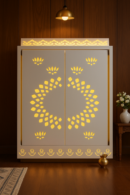 Corian Pooja Mandir with Door — Compact Home Temple — Luxury Indian Home Interior — Satguru Creations