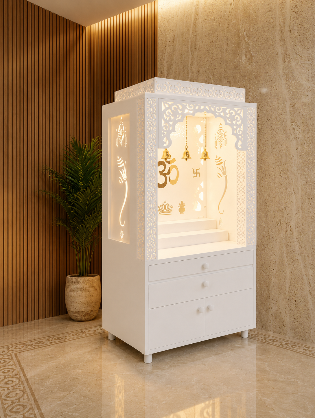 Fully white Corian mandir with sacred symbol panel and round Corian drawer knobs