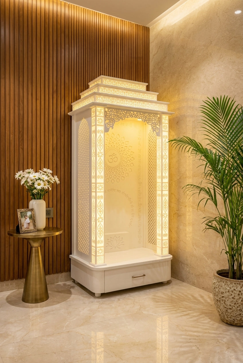 3D Corian Temple with Square Pillars and Carved Arc — Luxury Home Interior — Satguru Creations