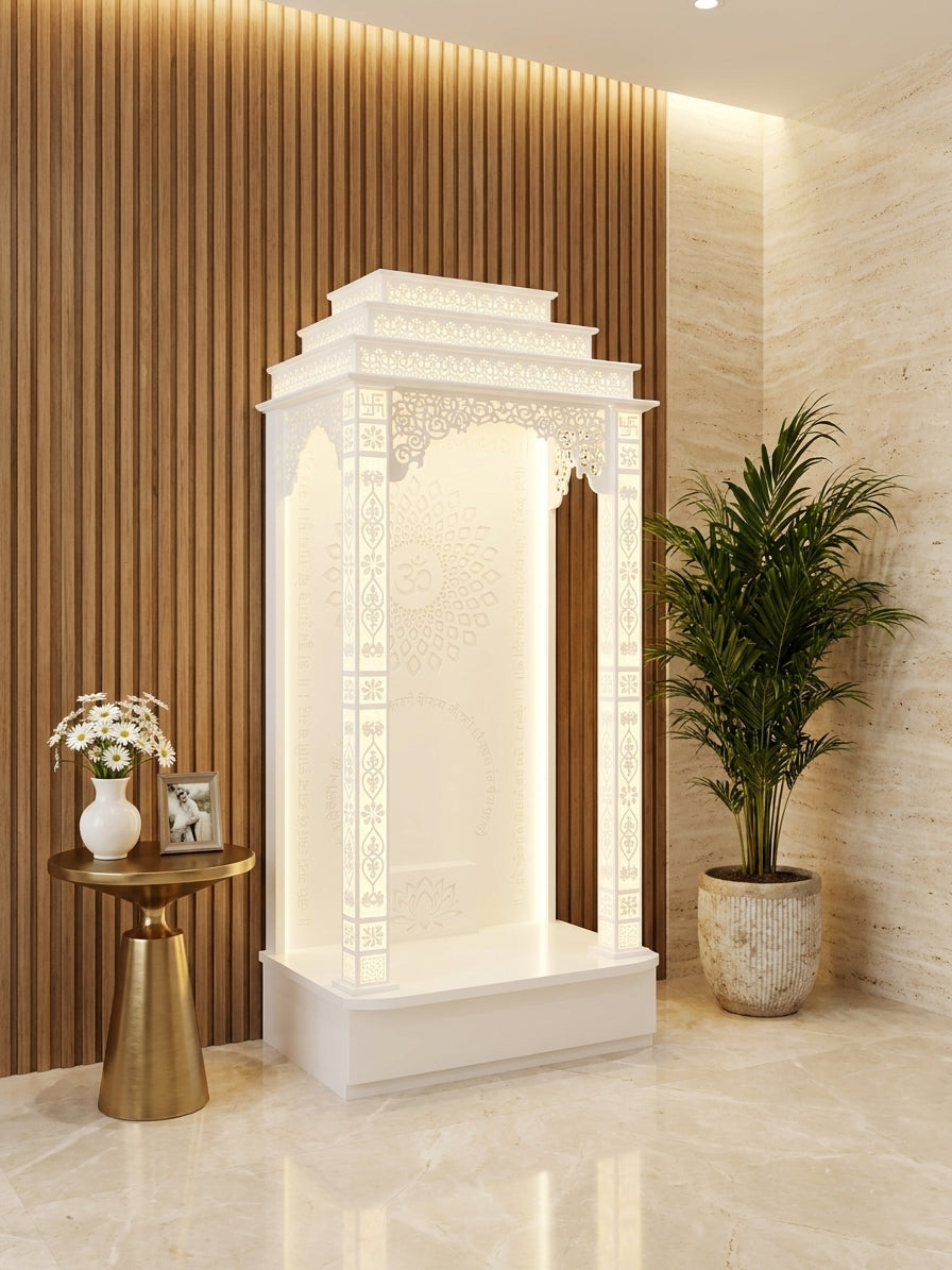3D Corian Temple with Square Pillars and Carved Arc — Luxury Indian Home Interior — Satguru Creations