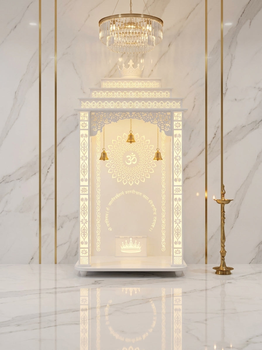 3D Corian Temple with Square Pillars and Carved Arc — Luxury Indian Home Interior — Satguru Creations