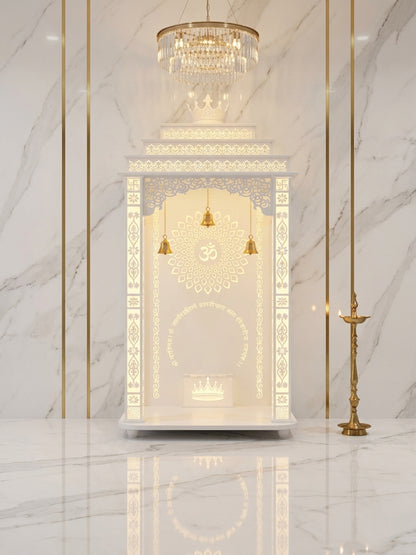 3D Corian Temple with Square Pillars and Carved Arc — Luxury Indian Home Interior — Satguru Creations
