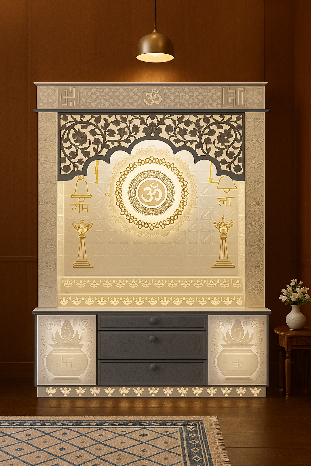 4-Layered Om 3D Corian Temple 2ft x 6ft Wall-Mount — Luxury Indian Home Interior — Satguru Creations