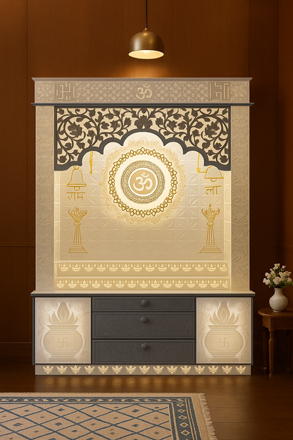 4-Layered Om 3D Corian Temple 2ft x 6ft Wall-Mount — Luxury Indian Home Interior — Satguru Creations