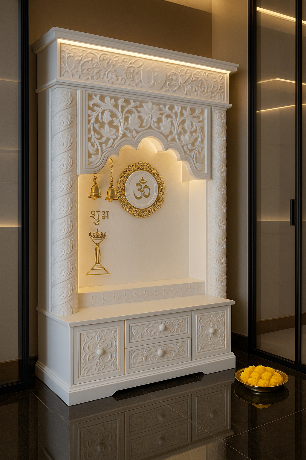 4-Layered Om 3D Corian Temple 2ft x 6ft Wall-Mount — Luxury Indian Home Interior — Satguru Creations