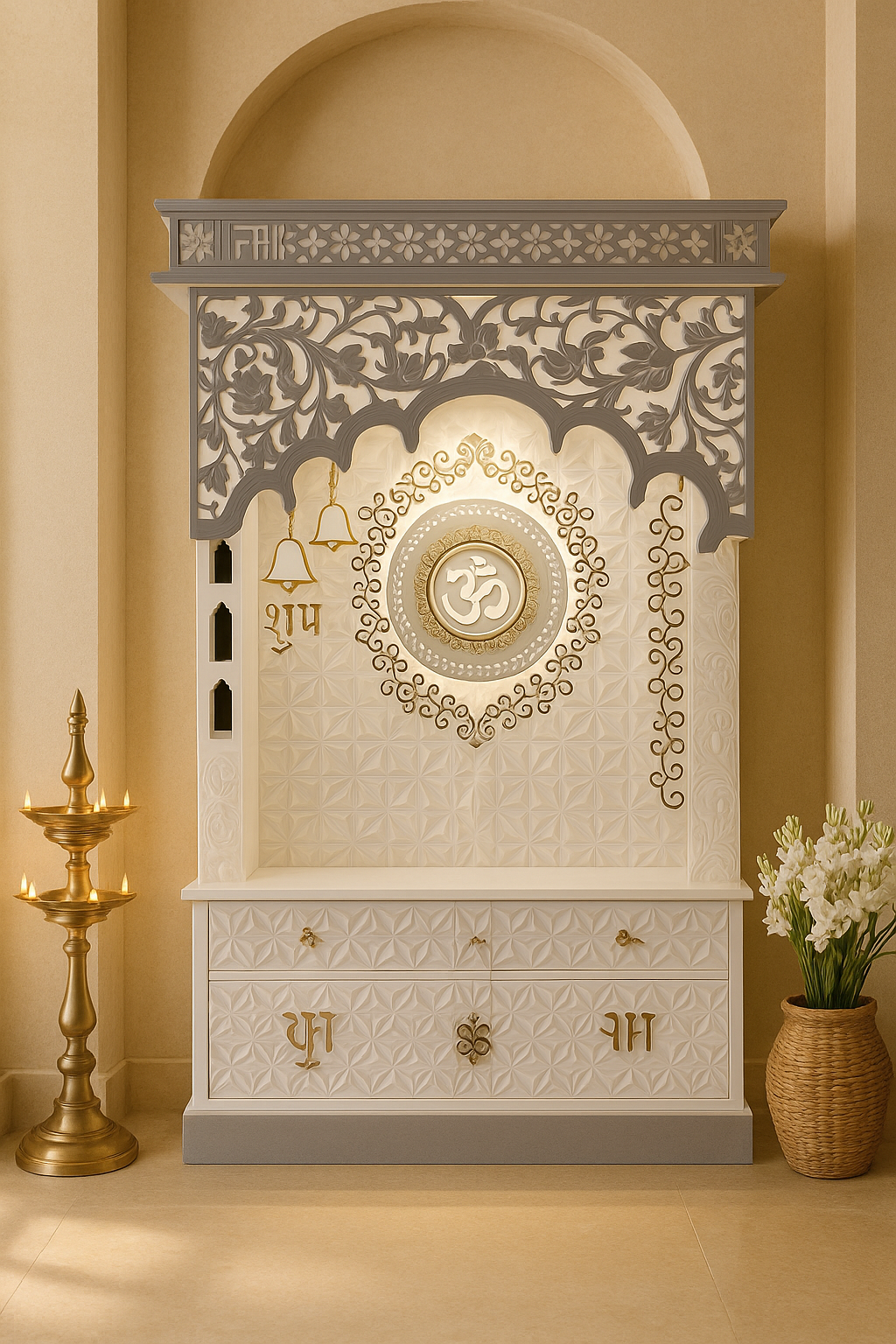 4-Layered Om 3D Corian Temple 2ft x 6ft Wall-Mount — Luxury Indian Home Interior — Satguru Creations