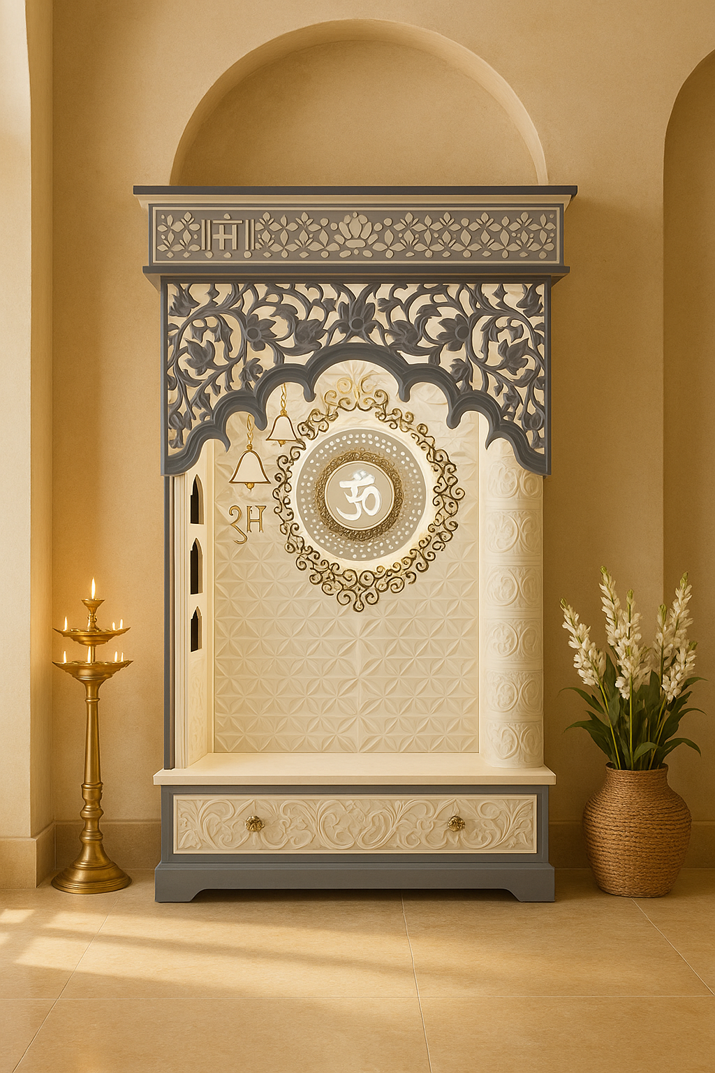 4-Layered Om 3D Corian Temple 2ft x 6ft Wall-Mount — Luxury Indian Home Interior — Satguru Creations