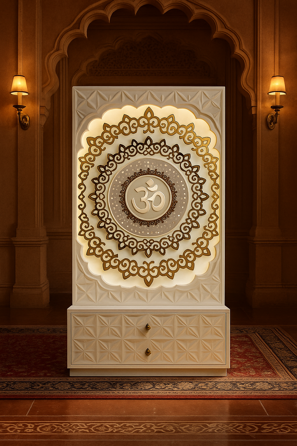 4-Layered Om 3D Corian Temple 2ft x 6ft Wall-Mount — Luxury Indian Home Interior — Satguru Creations
