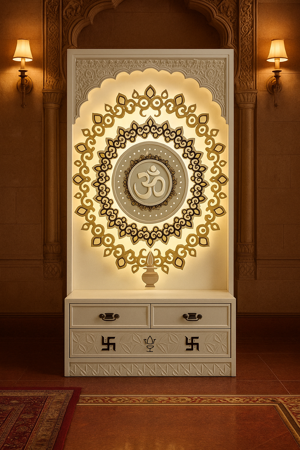 4-Layered Om 3D Corian Temple 2ft x 6ft Wall-Mount — Luxury Indian Home Interior — Satguru Creations