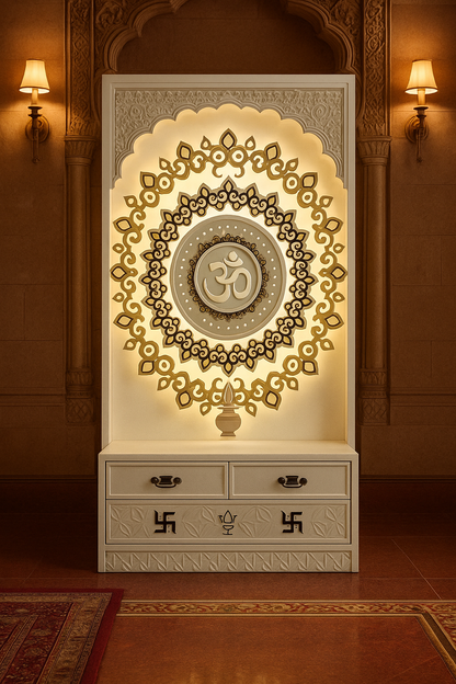 4-Layered Om 3D Corian Temple 2ft x 6ft Wall-Mount — Luxury Indian Home Interior — Satguru Creations