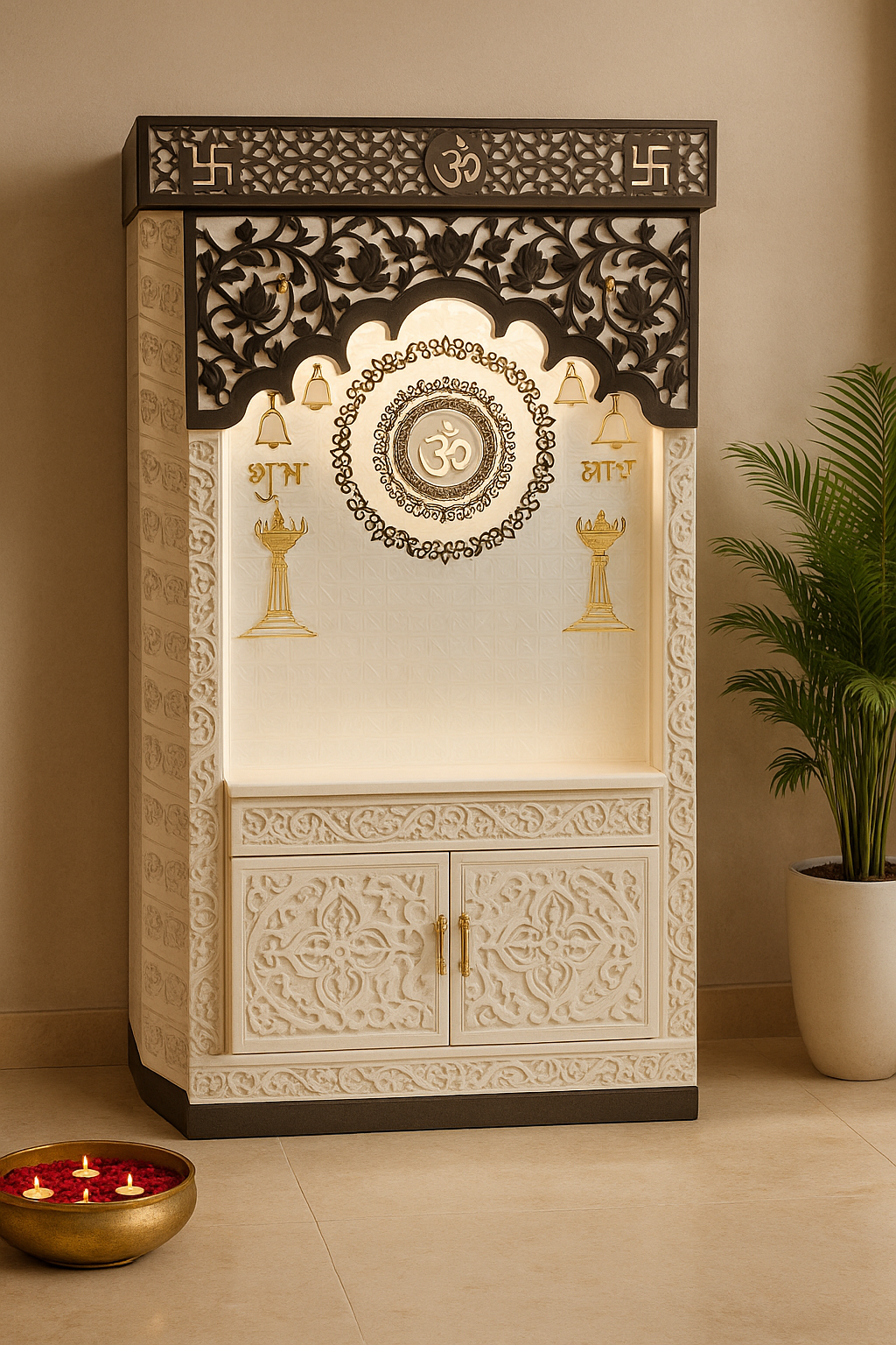 4-Layered Om 3D Corian Temple 2ft x 6ft Wall-Mount — Luxury Indian Home Interior — Satguru Creations