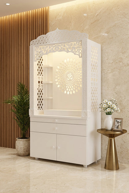 Corian Temple with Om Symbol and Storage 6ft x 2ft x 1.2ft — Luxury Home Interior — Satguru Creations