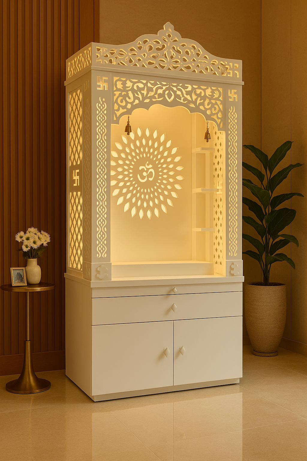 Corian Temple with Om Symbol and Storage 6ft x 2ft x 1.2ft — Luxury Indian Home Interior — Satguru Creations