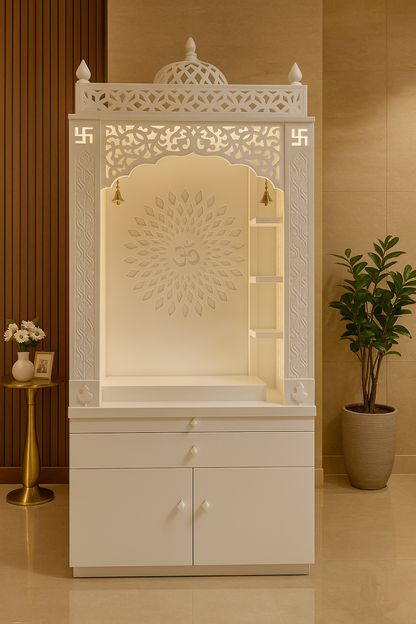 Corian Temple with Om Symbol and Storage 6ft x 2ft x 1.2ft — Luxury Indian Home Interior — Satguru Creations