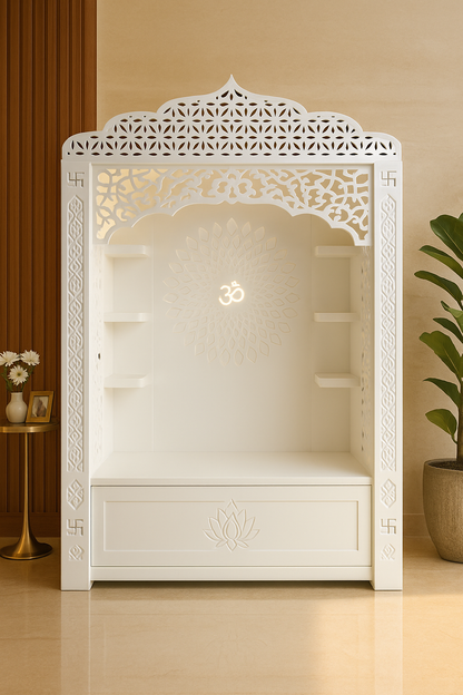 Corian Temple with Om Symbol and Storage 6ft x 2ft x 1.2ft — Luxury Indian Home Interior — Satguru Creations