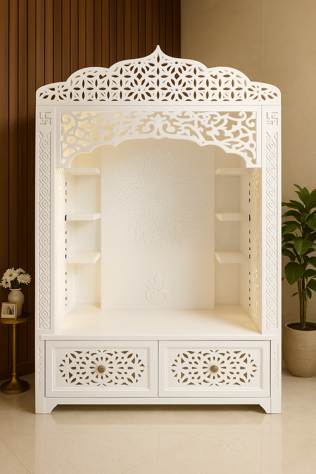 Corian Temple with Om Symbol and Storage 6ft x 2ft x 1.2ft — Luxury Indian Home Interior — Satguru Creations