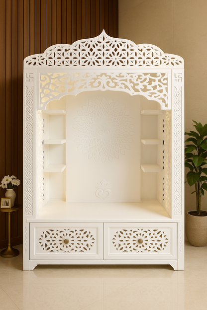 Corian Temple with Om Symbol and Storage 6ft x 2ft x 1.2ft — Luxury Indian Home Interior — Satguru Creations