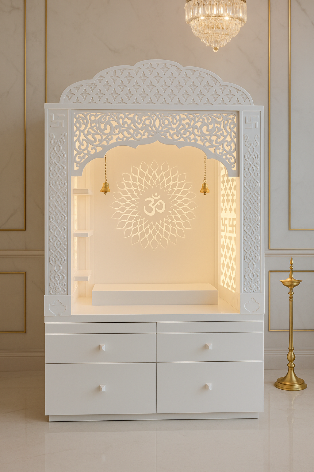 Corian Temple with Om Symbol and Storage 6ft x 2ft x 1.2ft — Luxury Indian Home Interior — Satguru Creations