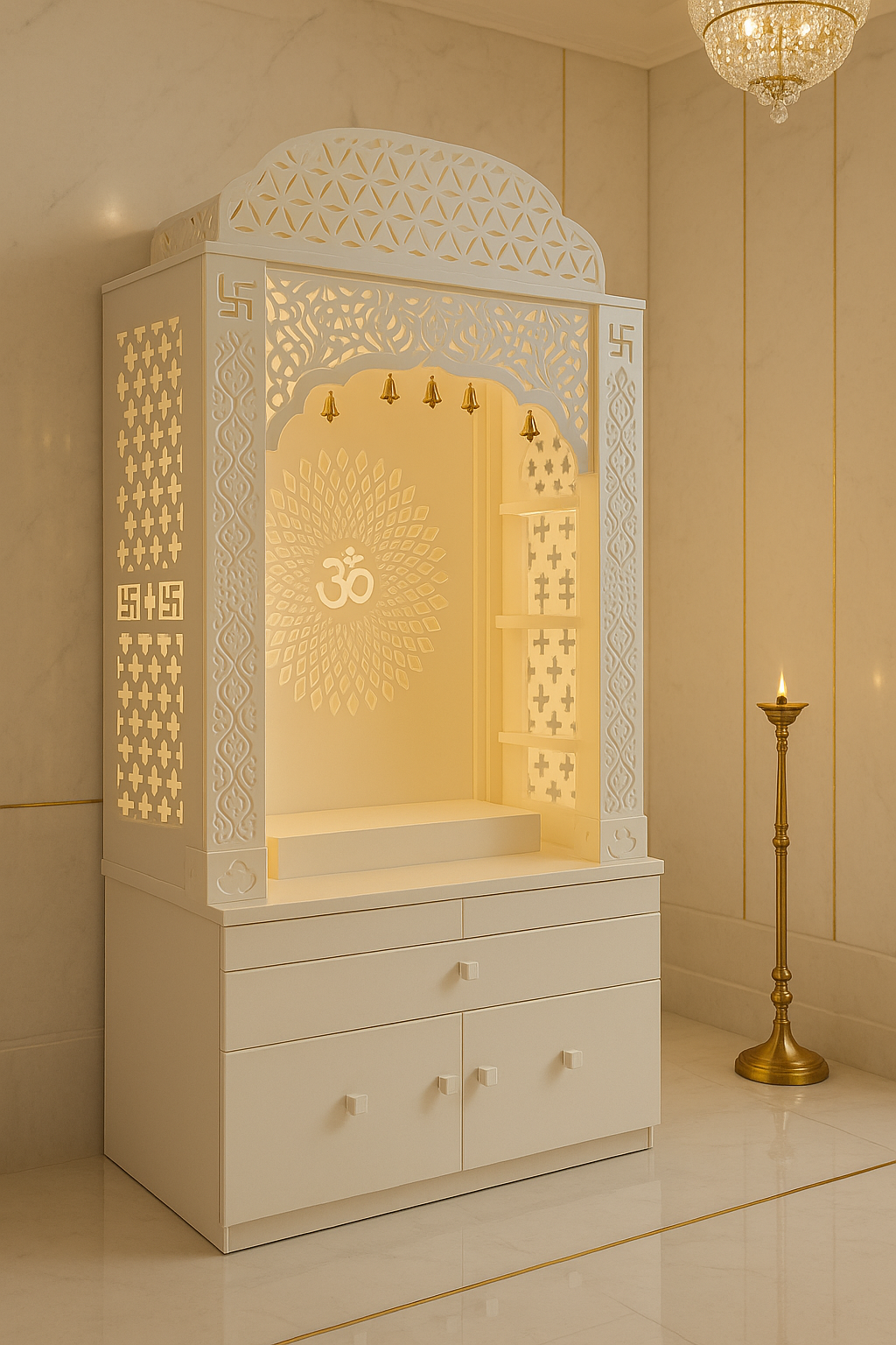 Corian Temple with Om Symbol and Storage 6ft x 2ft x 1.2ft — Luxury Indian Home Interior — Satguru Creations