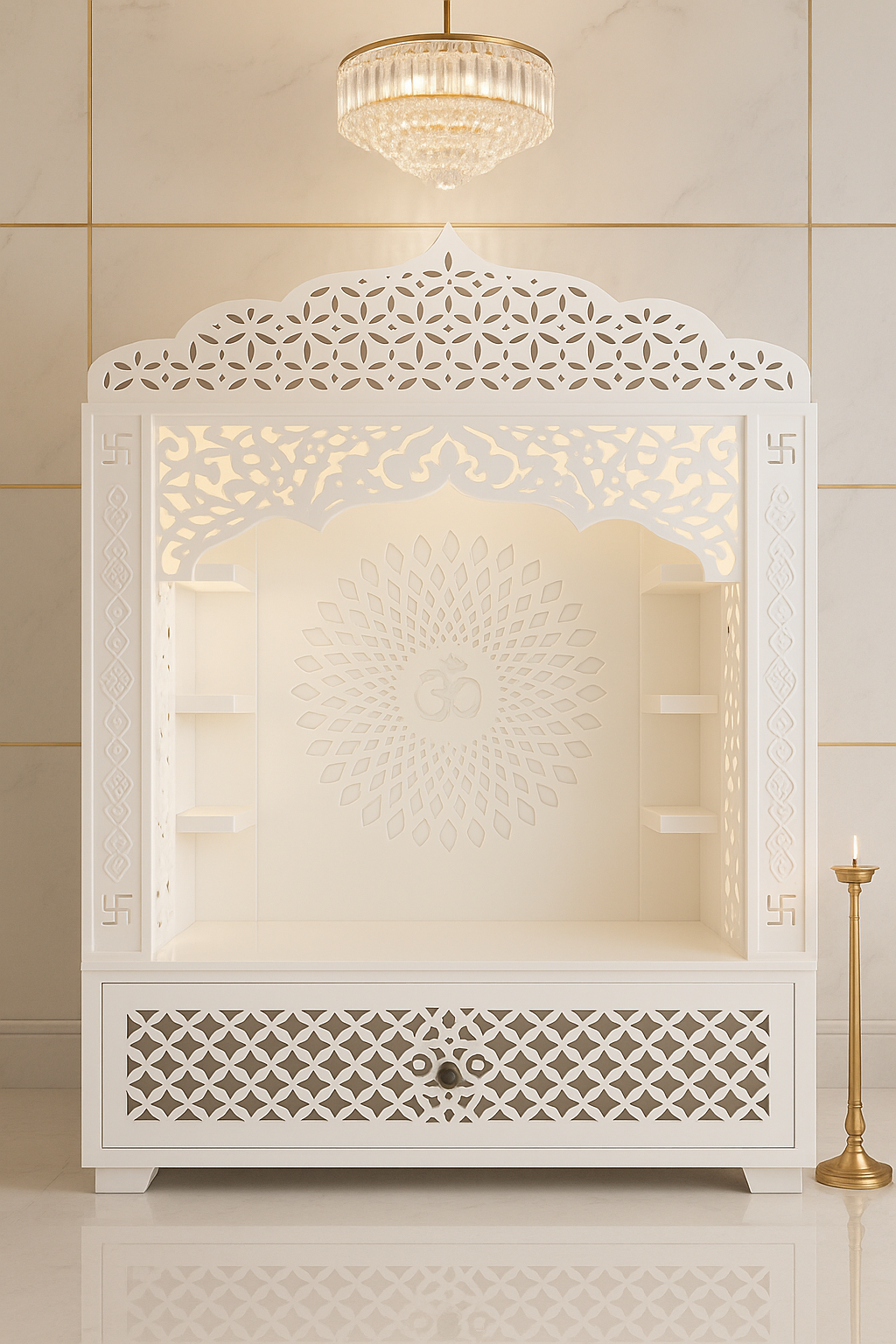 Corian Temple with Om Symbol and Storage 6ft x 2ft x 1.2ft — Luxury Indian Home Interior — Satguru Creations