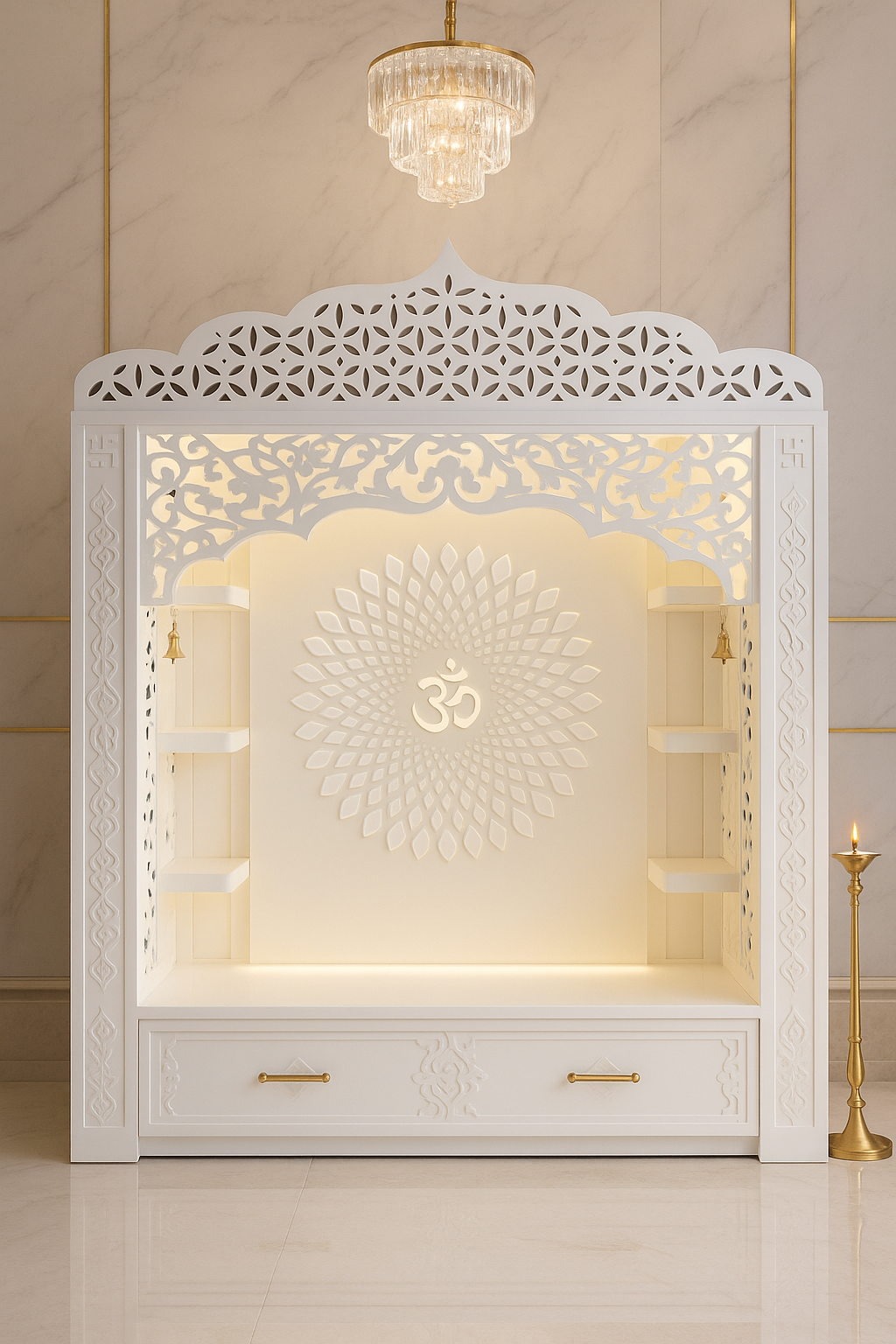 Corian Temple with Om Symbol and Storage 6ft x 2ft x 1.2ft — Luxury Indian Home Interior — Satguru Creations